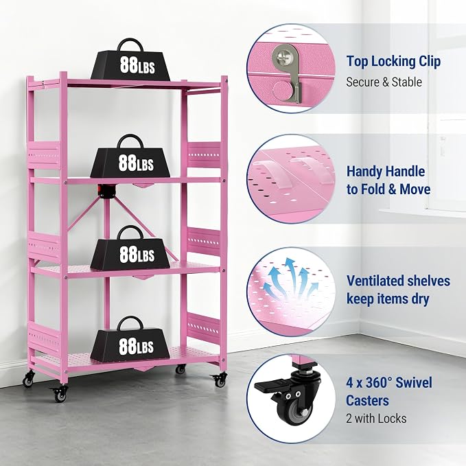 WORKPRO 4-Tier Folding Shelf, No-Assembly Metal Storage Rack with Wheels, 600 lbs Capacity (with Leveling Feet), Collapsible Shelving Unit for Kitchen, Pantry, Closet & Craft Shows - Pink