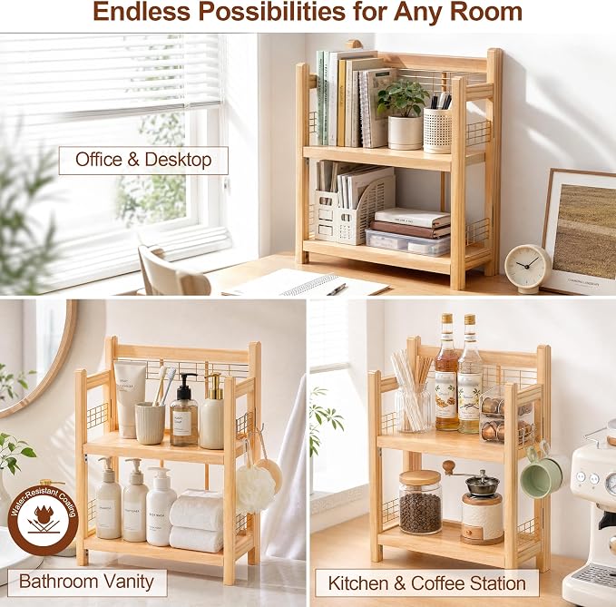 No-Assembly Coffee Bar Organizer, 2-Tier Coffee Station Shelf | Foldable Oak Wood Shelf, Coffee Station Accessories Storage for Syrup & Pod, 3 Hooks for Mugs, Kitchen Condiment Rack Natural