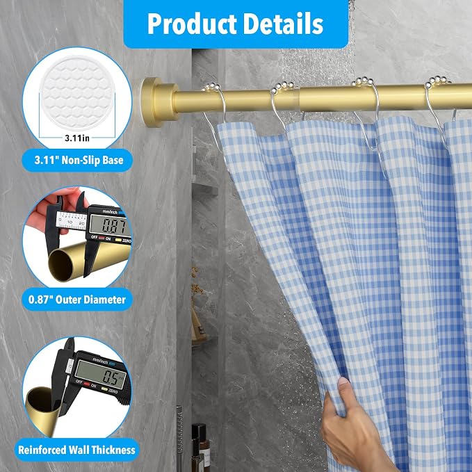 Tension Curtain Rod Gold Tension Rod 28 To 48 Inch Spring Curtain Rods Non Slip Tension Rods 1pcs for Windows No Drilling Adjustable Tension Rods of Curtains Window Closet Kitchen Wardrobe