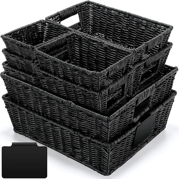 Marsui 9 Pcs Wicker Storage Baskets for Pantry Organization with Handle Labels Handwoven Multi-size Brown Small Organizer Baskets Storage Bins Container for Shelves Closet Toilet Christmas Holiday