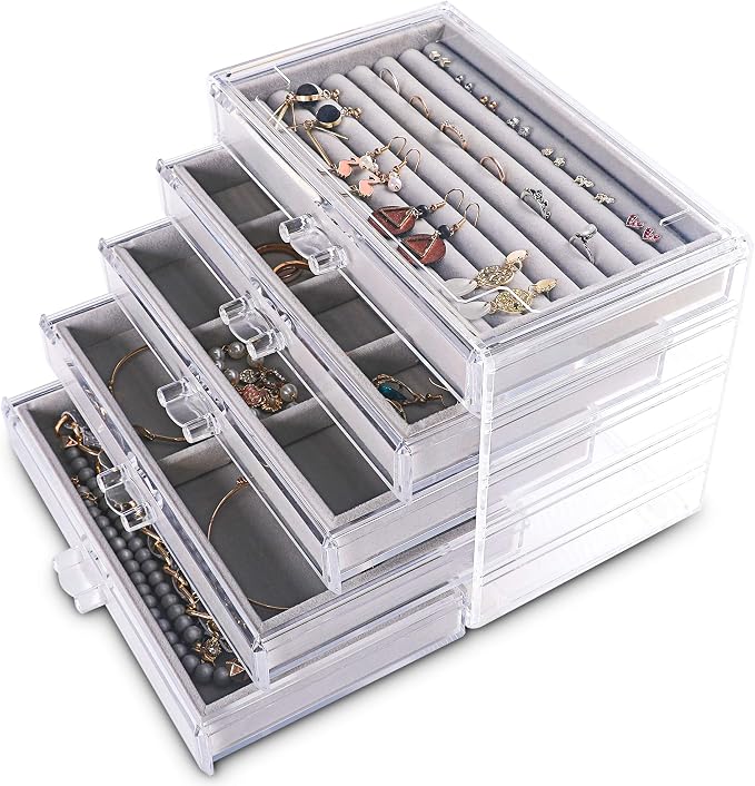Frebeauty Extra Large Acrylic Jewelry Box for Women 5 Layers Clear Jewelry Organizer Velvet Earring Box with 5 Drawers Rings Display Case Necklaces Holder Tray for Women Girls (Grey) | Jewelry Storage for Rings Earrings Bracelets,Dustproof,Velvet Linin...
