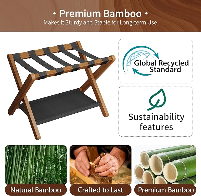 Heybly Luggage Rack for Guest Room, Folding Luggage Stand & Suitcase Holder, Suitcase Stand, Heavy Duty Wooden Luggage Rack with Double Shelf for Hotel & Bedroom, 5 Heavy Duty Straps, Walnut HLR012WB1