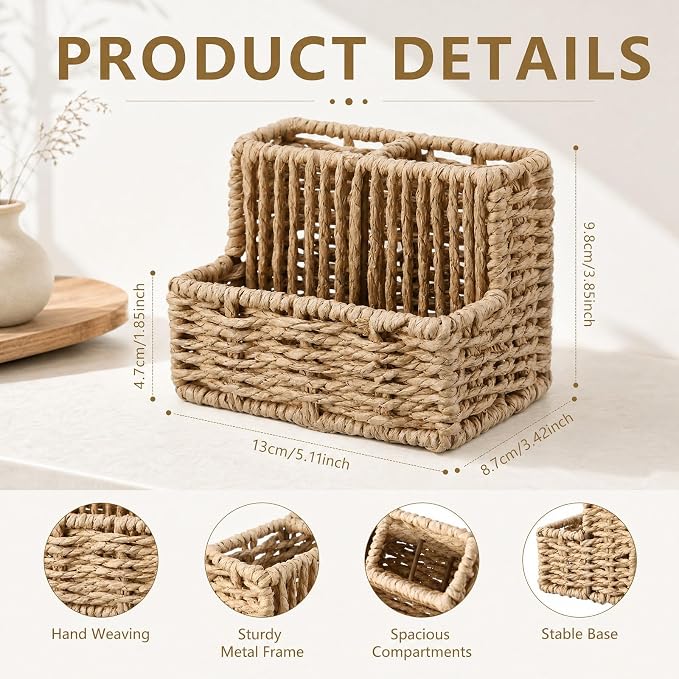 Handwoven Pen Holder Paper Rope 3 Compartment Desk Organizer 5.11 x 3.42 x 3.85 in for Pencils Remote Stationery Rustic Natural Desktop Storage Caddy Applied for Office Home School Decor