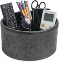 Remote Control Holder, 360°Spinning PU Leather Desk TV Remote Caddy,Desk Storage Box Room Accessories for Controller, Media,Mail,Calculator, Mobile Phone,Pencil(1-Carved Black)