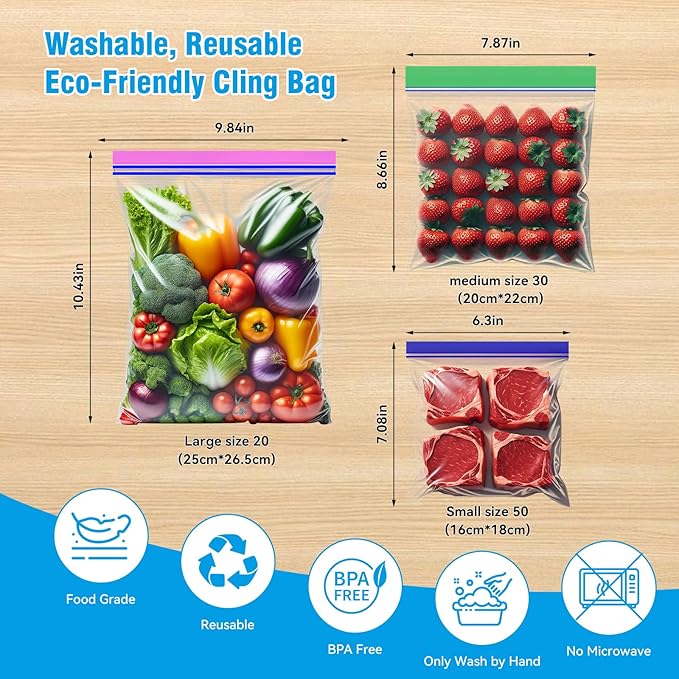 NANSIKE 100-Pack Food Storage Freezer Bags - 3 Sizes, Reusable with Zipper Lock for Fruit and Veggies, Microwave and Freezer Safe, No BPA - Strong Seal, Easy to Fill for Lunch, Snacks, and Meals