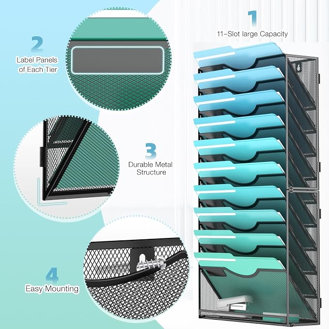 Gawerk 11-Tier Wall File Organizer Hanging Wall File Holder Wall Mount Paper Folder Organize, Mesh Magazine Document Mail Organizer Wall Organizer for Office School Home, Black