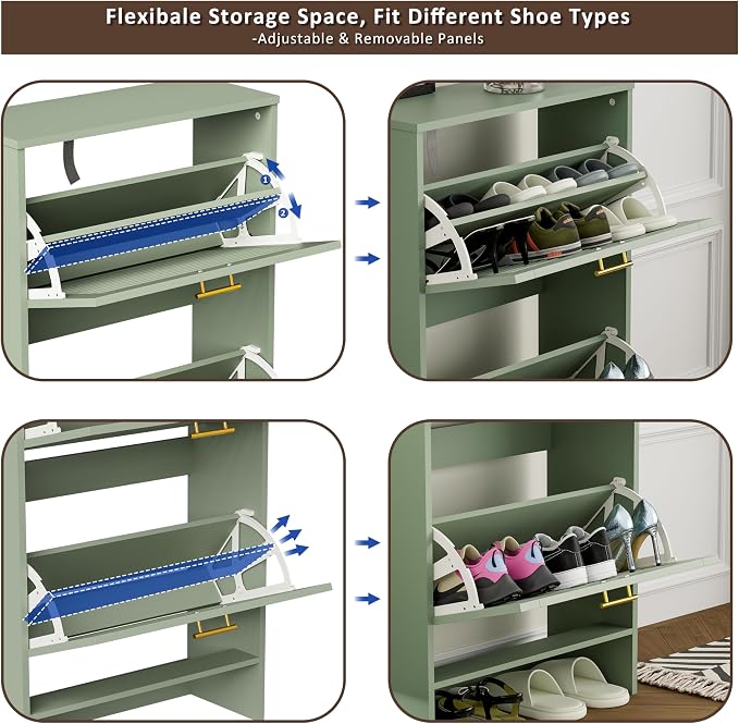 Narrow Shoe Cabinet Storage for Entryway, Sage Green | Freestanding Shoe Organizer with 2 Flip Drawers, Louvered Doors, Anti-tip Device, Modern Show Rack