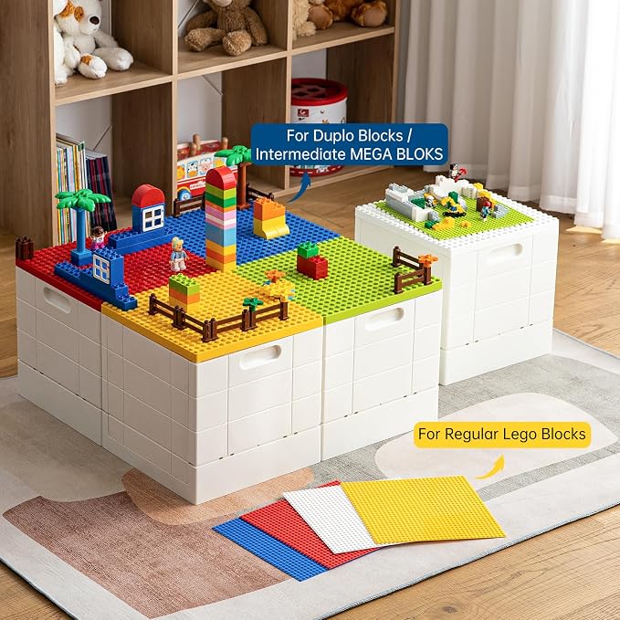 SHIMOYAMA Folding Storage Box with Building Baseplate Lid, 26 Qt. Collapsible Toy Organizer for Duplo Blocks, 25L Bolck Bins for Intermediate Size Mega Bloks, Kids Bricks Storage Box, Yellow