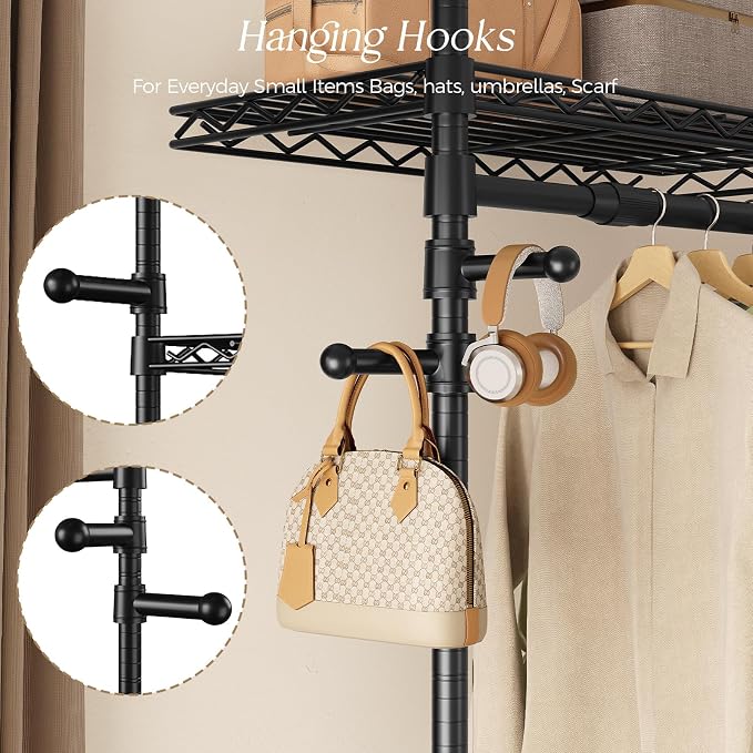 Closet Organizers and Storage, 6-Row Heavy Duty Clothes Rack for Hanging Clothes, Wall Mounted Closet System with 6 Telescopic Rods, 3 Fixed Rods, 7 Hooks, 9 Shelves for Wardrobe, Bedroom, Small Space