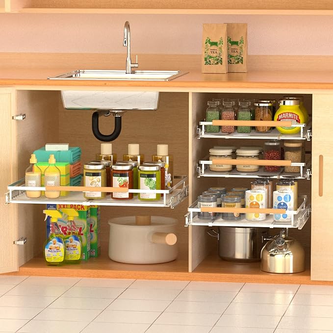 Expandable Pull Out Drawer Cabinet Organizers, Heavy Duty Slide Out Storage Shelf for Home Kitchen Pantry Cupboard Pots Pans, Adjustable Width from 17.2"~28.1", Stainless Steel 1 Pack