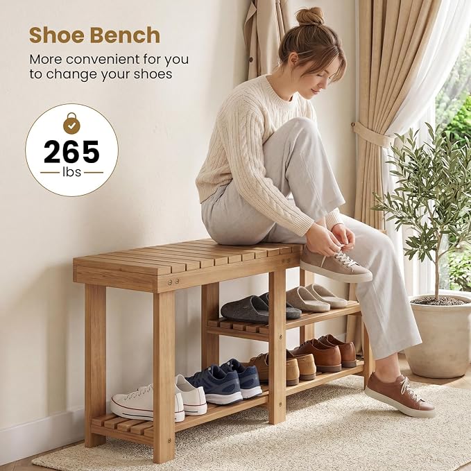 GOFLAME Wooden Shoe Rack Bench, 3-Tier Free Standing Entryway Bench Seat with Slatted Shelves, Shoe Storage Organizer for Entryway, Hallway, Bedroom, Living Room, Small Space, 34"x11"x18"