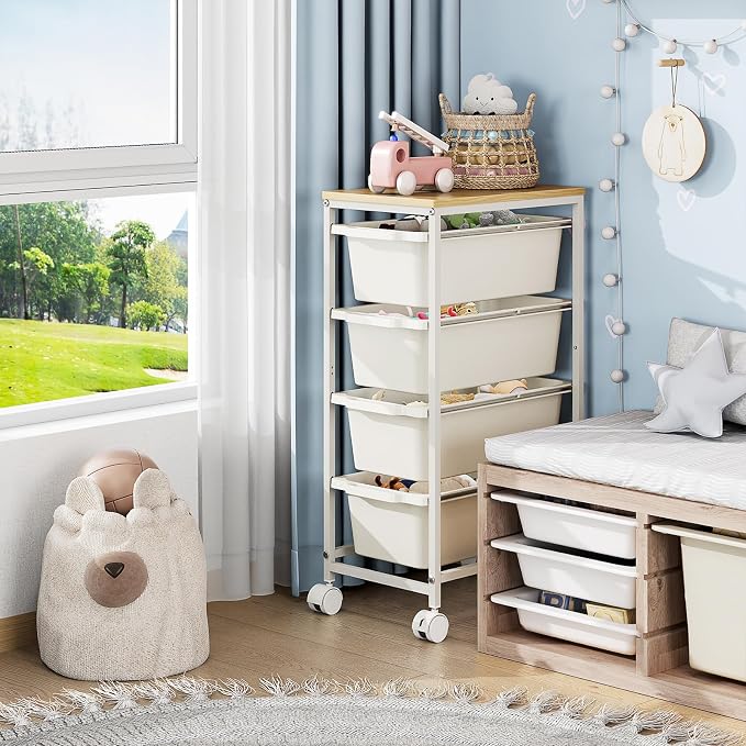 Slim Rolling Storage Cart with 4 Drawers, Craft Organizer, Wooden Tabletop Utility Cart for Bedroom, Children's Room and Office Organization, Table Side Trolley with Lockable Wheels, White