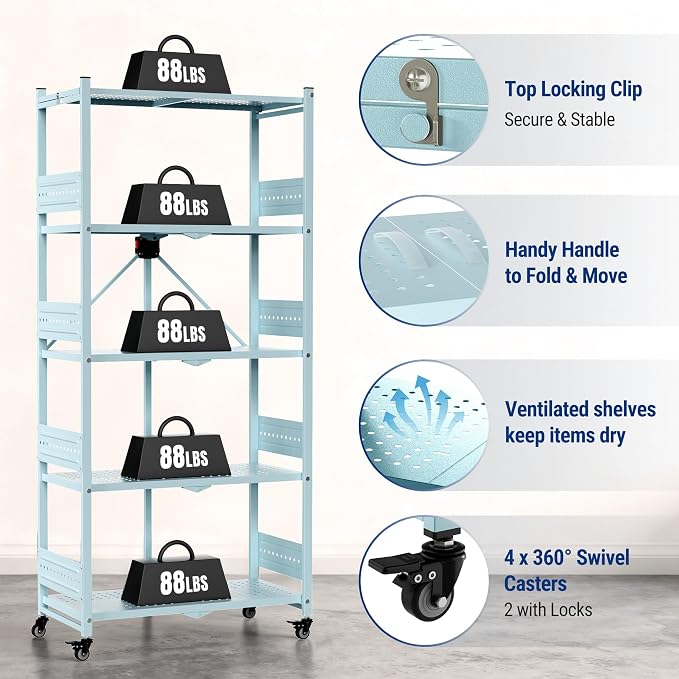 WORKPRO 5-Tier Folding Shelf, No-Assembly Metal Storage Rack with Wheels, 750 lbs Capacity (with Leveling Feet), Collapsible Shelving Unit for Kitchen, Pantry, Closet & Craft Shows - Blue