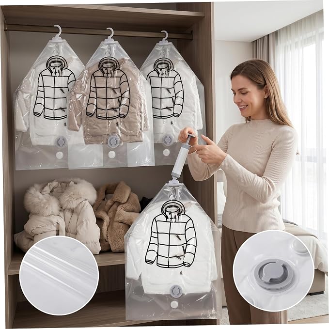 Space Saver Bags, 6PCS Hanging Vacuum Storage Bags, Transparent Thick Space Saver, Reusable Compressed for Suits, Dress, Jackets