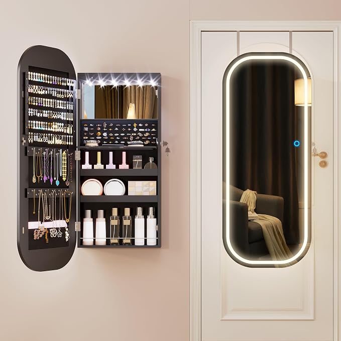 LVSOMT LED Mirror Jewelry Cabinet, Wall/Door Jewelry Organizer, 16" W Black | Lockable Jewelry Armoire with Full Length Mirror, 65 Ring and 108 Earring Slots, Foldable Shelf, Rounded Corner