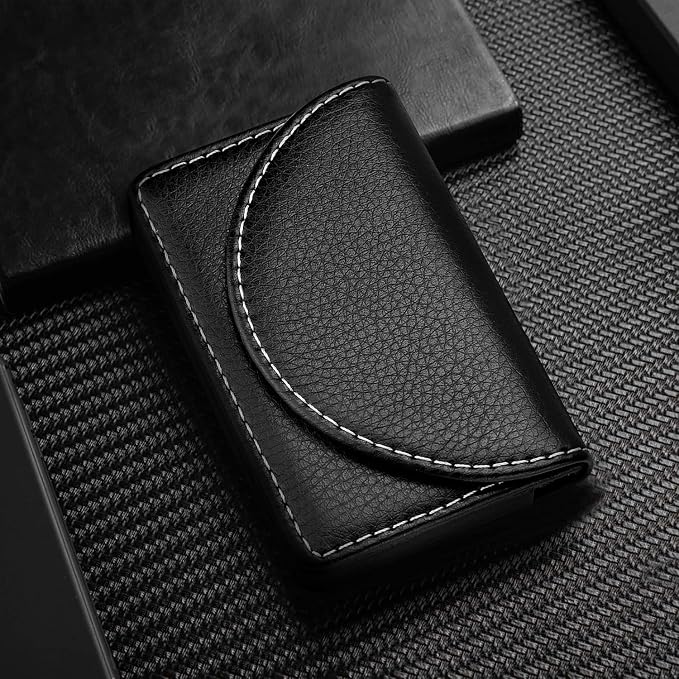 Leather Business Card Holder Walle for Men or Women Pocket Business Card Wallet Name Card Case Holder with Magnetic Shut, Holds 25 Business Cards,Black