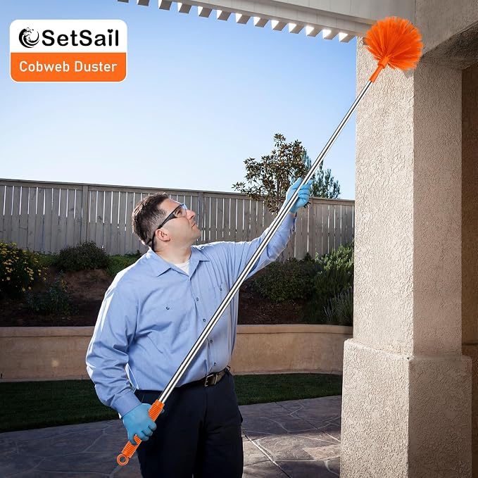 SetSail Cobweb Duster with Extension Pole, Retractable Dusters for Cobweb Cleaning 90-inch Long Handle Spider Web Brush for Outdoor Indoor High Ceilings Fan, Orange