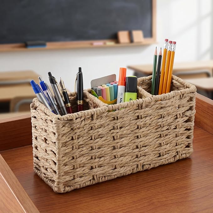 Pencil Holder 3 Compartments Rattan Pencil Cup Boho Desk Accessory Back to School Supplies for Office Makeup Brush Organization Shelves Pantry Coffee Station Organizer