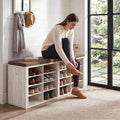 Shoe Storage Bench with Cushion Shoe Rack for Entryway 16 Cubby Multifunctional Organizer Bench Entryway with Soft Sponge Cushion for Hallway Living Room Bedroom (White & Brown)