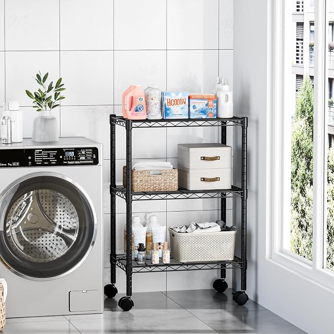 DUMOS 3-Tier Metal Storage Shelves, 23" W Wire Shelving Storage Rack with Lockable Wheels, Adjustable Shelving Unit, Standing Closet for Garage, Kitchen, Office, Living Room, 23" Wx13 Dx30 H
