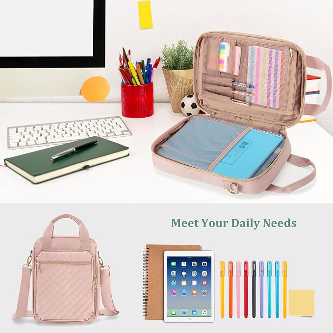 Teamoy Journal Supplies Storage Case, Planner Bag with Pen Slots, Pink | Quilted Stationery Bag with Shoulder Strap, Travel Organizer Holder for B5 Notebooks, Planner, Pens, and Journal Accessories