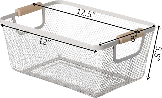 Basicwise Set of 3 Medium Multipurpose Metal Mesh Basket with Wooden Handle Storage Organizers for Kitchen Bathroom Cabinet Closet Countertop Fruit Holder Picnic Food & Beverages Carrier & Home Decor