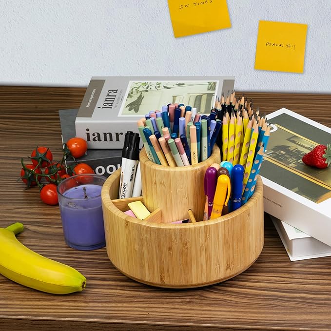 Utoplike Bamboo Rotating Art Supply Desk Organizer, Pencil Holder Desktop | Desktop Storage Caddy for Pen, Colored Pencil, Crayon, Paint Brushes, Art Studio & Office
