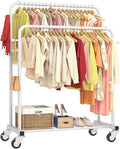 Laiensia Double Rods Garment Rack with Wheels, Clothing Rack for Hanging Clothes,4 Hooks, Multi-functional Bedroom Clothes Rack, White