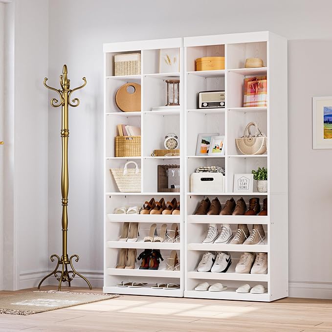 IRONCK Tall Shoe Storage Cabinet with Adjustable Shelves and Cubbies, White | Narrow Shoe rack Storage Organizer for entryways, closets, bedrooms and small apartments