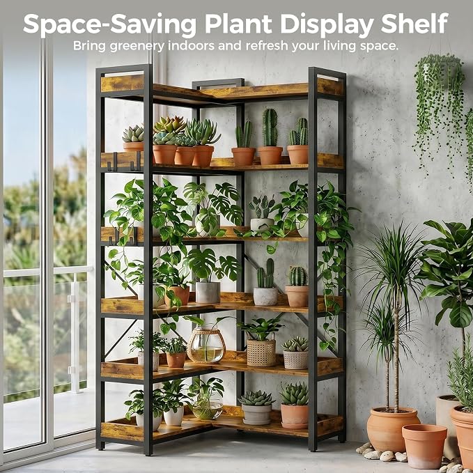 GTPLAYER 6-Tier Corner Bookshelf, L-Shaped Metal Frame Shelf with Tall 14" Shelves, Plant Stand and Storage Rack for Small Spaces, Living Room and Home Office, Vintage Brown