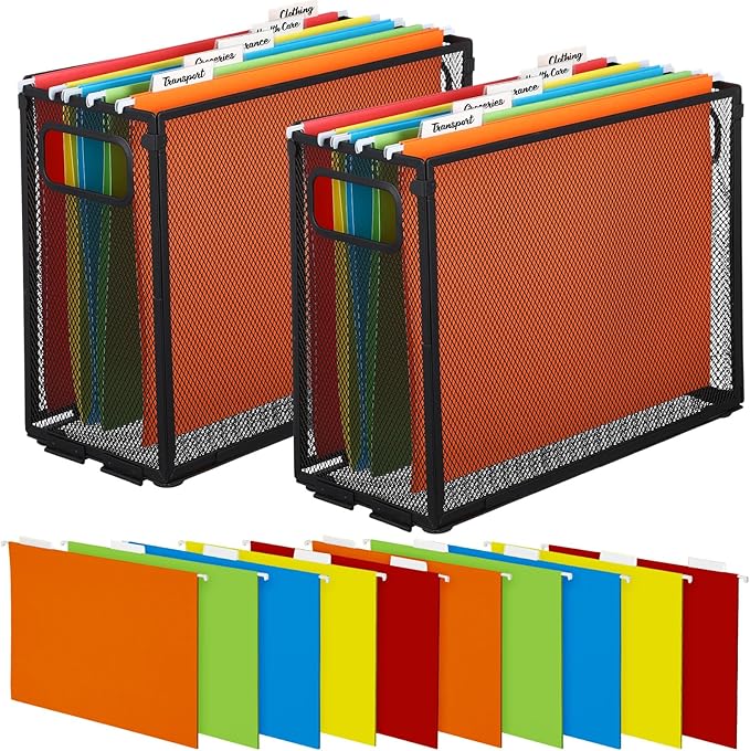 2 Pack Hanging File Holder, 10 Hanging Folders, Metal Mesh, Letter Size Folder Storage, Desktop Storage Cabinets, Office School Document(Multicolor,Small)