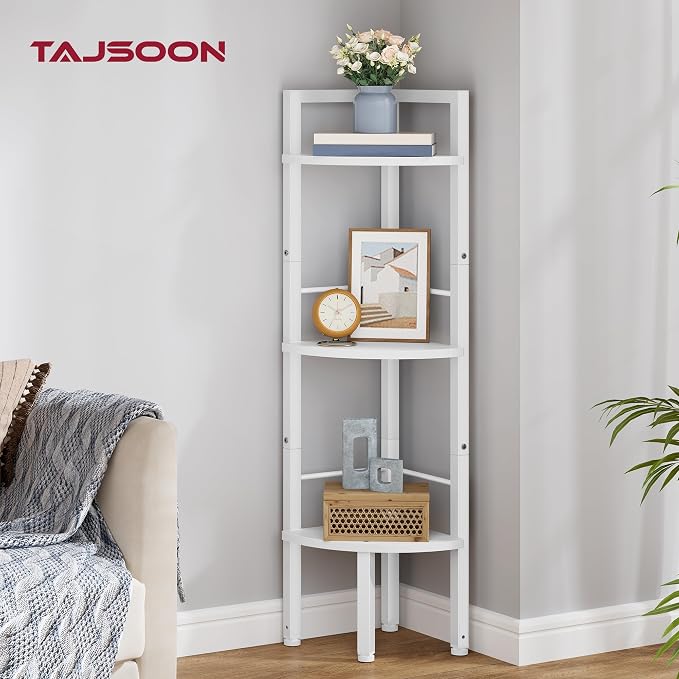 Tajsoon Small Corner Shelf Stand 3 Tier 39.6" Industrial Corner Display Shelf Shelving Unit, Corner Tables for Small Spaces, Bedroom, Living Room, Office, Kitchen, White