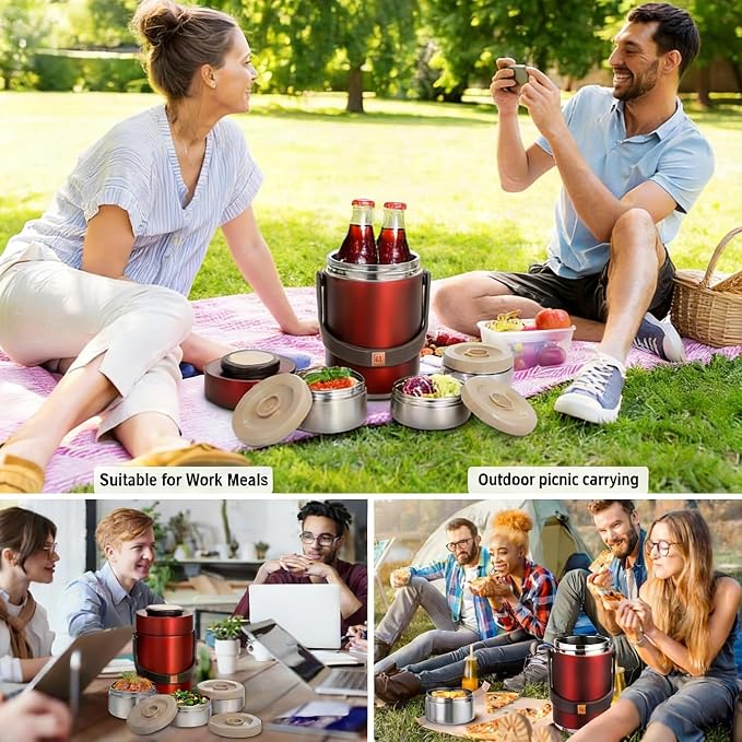 Pawovdeq 67oz Thermo for Hot Food,3-Layer Sealed Stackable Food Thermo,with Lunch Bag Soup Thermo,It Is Suitable for Daily Office Meals and Outdoor Meals (67 oz Red)