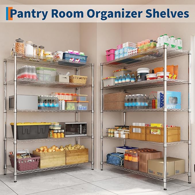 Garvee 5-Tier Metal Shelving with Wheels, Adjustable Storage Shelves Heavy Duty 2000LBS, Chrome Plating Utility Rack NSF Wire Shelving, for Kitchen, Garage, Pantry, Commercial, 47.2" Wx17.7 Dx70.9 H