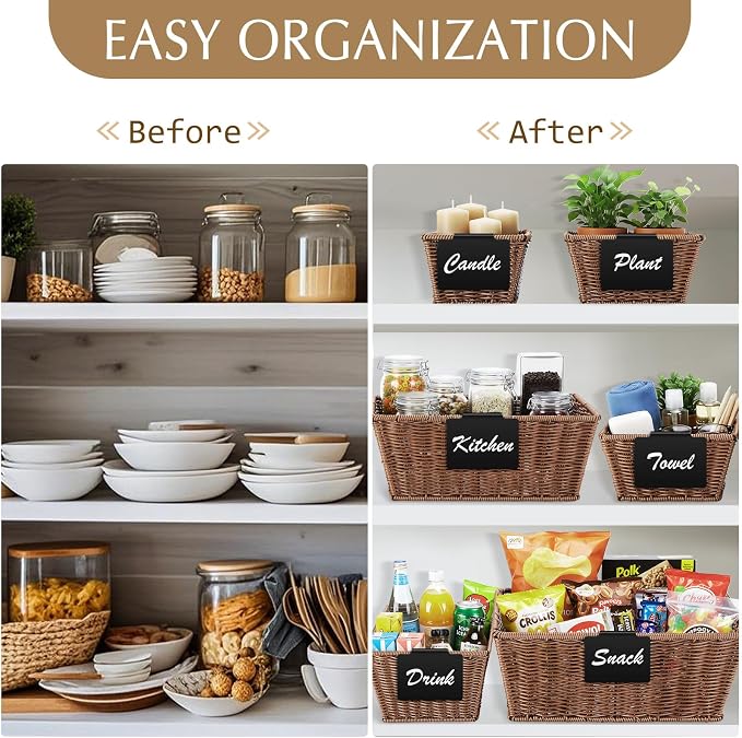 Marsui 6 Pcs Wicker Storage Baskets for Pantry Organization with Labels Handwoven Multi-size Brown Wicker Storage Bins for Organizing Small Baskets Container for Shelves Closet Toilet