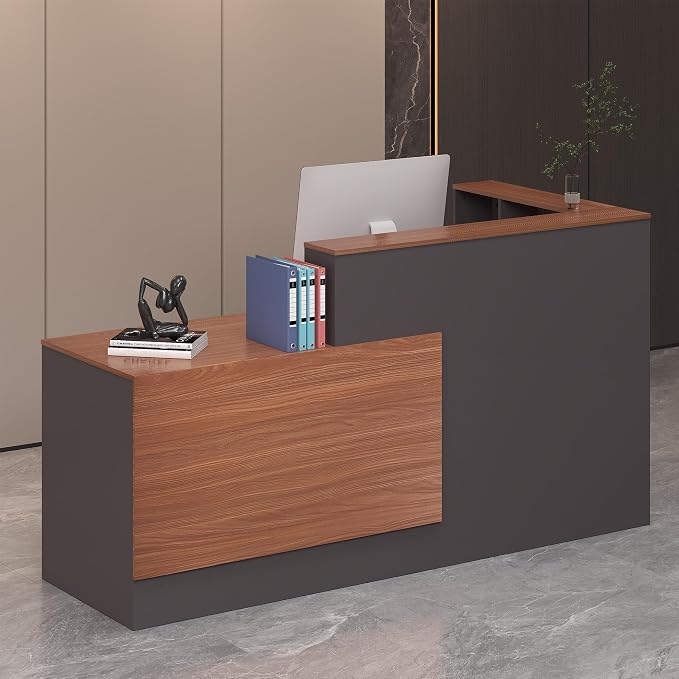 L-Shaped Reception Desk,Large Front Desk with Keyboard Tray, Lockable Drawers & File Cabinet, Receptionist Desk for Checkout,Lobby (Right L-Walnut/Slate Gray, 71''L x 23.6''W x 41.3''H)