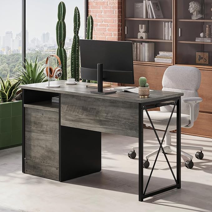 Bestier 47-Inch Office Desk with Storage Cabinet & Keyboard Tray, Grey | 47 Inch Desktop, Right Storage Cabinet, Sliding Keyboard Tray And X-Frame Support Create A Small-Space Home Office Desk.