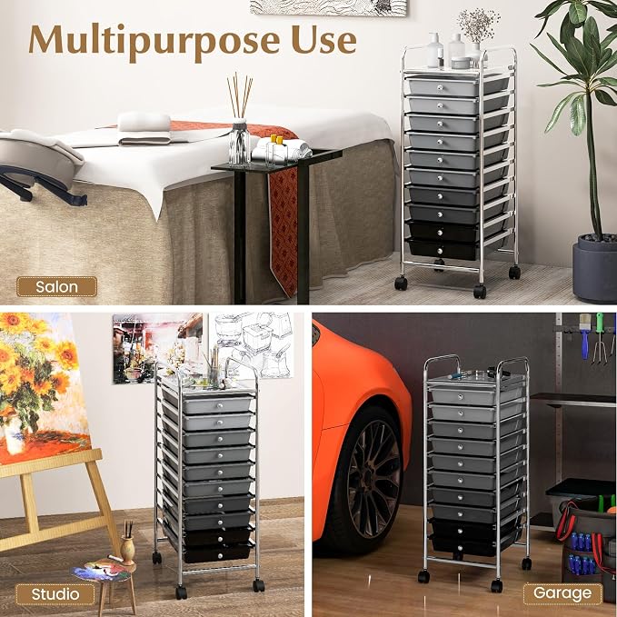DREAMADE Rolling Cart with Storage Drawers, Utility Cart with Removable Plastic Drawers, Lockable Wheels, Art Cart for Classroom Organization Art Supplies Office Scrapbook (10 Drawers, Mixed-black)