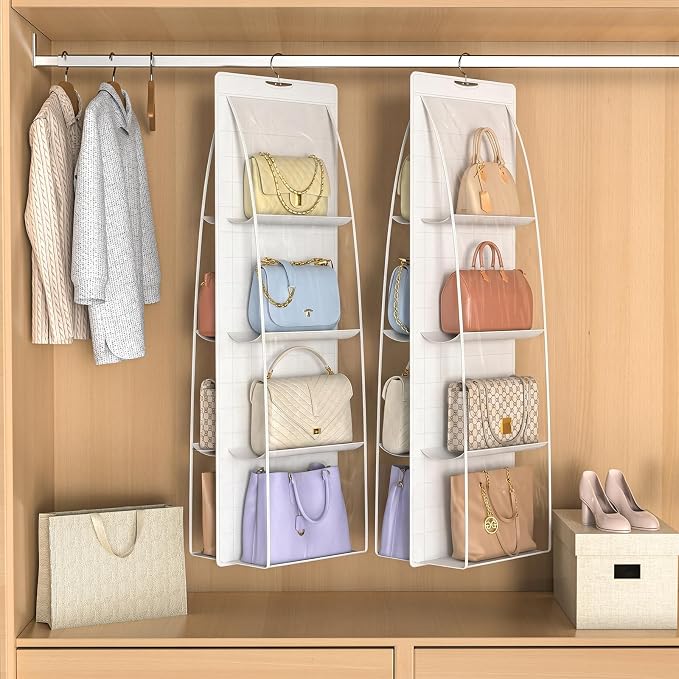 2 Packs 8 Pockets White Handbag Hanging Purse Organizer for Closet, Purse Storage, Purse Hanger and Handbag Organizer for Space Saving