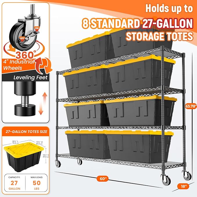 60" W x 18" D x 63.78" H Storage Shelves Wire Shelving with Wheels, Heavy Duty Metal Garage Shelving, Adjustable Wire Rack with Liners, Fits 27-Gallon Totes, for Commercial & Warehouse, 2 PCS