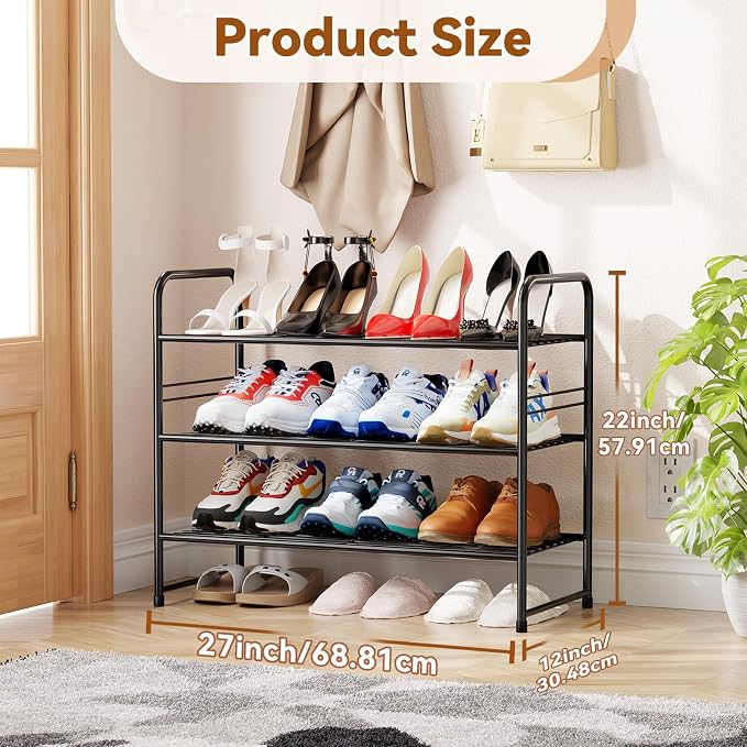 Simple Shoe Rack, 3 Tier Heavy Duty Metal Shoe Shelf 27 Inch Wide, Black
