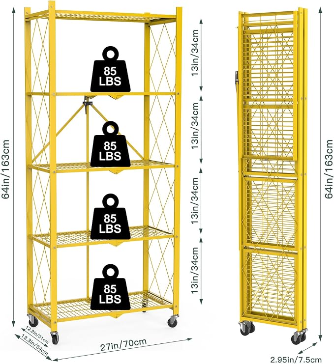 5 Tier Foldable Storage Shelves with Wheels -No Assembly Metal Folding Shelves Collapsible Shelving Unit Display Heavy Duty Rolling Shelf for Home Kitchen Office Room (Gold, 64" x 13" x 27")