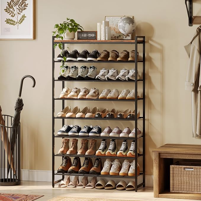 8 Tier Shoe Rack Organizer for 32-40 Pairs, Tall Metal Shoe Storage Shelf with Wood Top, Adjustable Boot Space, Narrow Design for Entryway Closet, Rustic Brown and Black