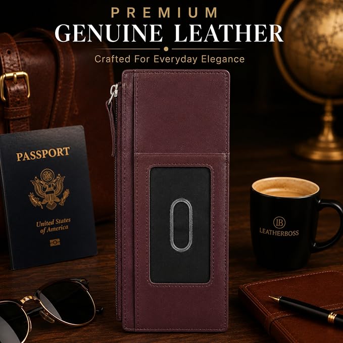 Leatherboss Genuine Leather Women's All in One Credit Business Card Case Holder Slim Zipper Wallet With a Card Protection Strap, Wine