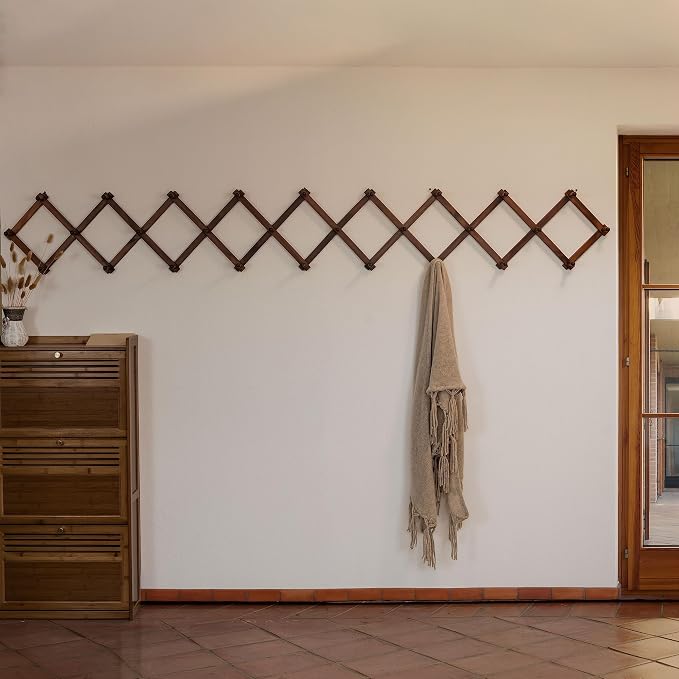 SKOLOO Accordion Wall Hanger with 28 Hooks, Modern Expandable Coat Rack Hat Rack for Wall, Solid Wooden, Walnut Color