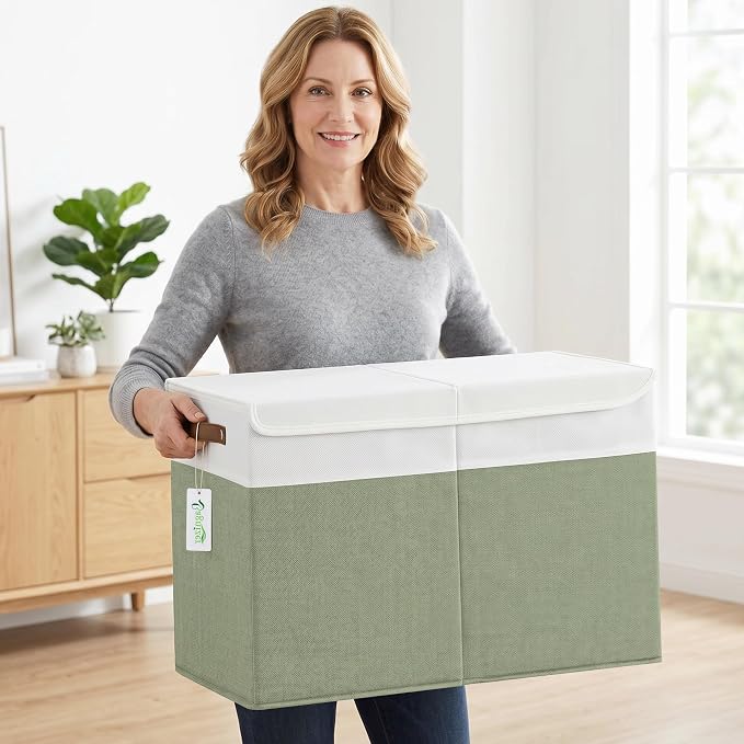 Bagnizer Large Toy Storage Box with Lids, Collapsible Sturdy Baby Storage Organizer Chest Bin Basket for Kids, Boys, Girls, Playroom, Nursery, Bedroom, Closet 25"x13"x16" (Green and White)