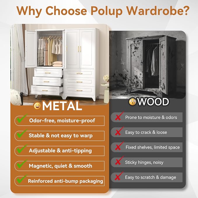 Polup Metal Armoire Wardrobe Closet with Three Drawers, 71“ Tall Large Wardrobe Cabinet with Hanging Rod, Freestanding Wardrobe Cabinet with Doors for Bedroom, White, Assemble Required