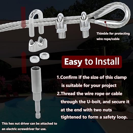 12PCS M4 5/32 Inches Stainless Steel Wire Rope Clips Cable Clamp,6PCS Thimbles