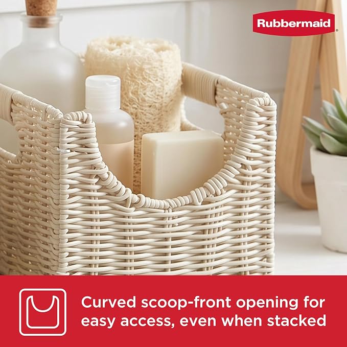 Rubbermaid Woven Storage Baskets - Set of 2 Stackable and Collapsible Bins with Handles, Small Resin Rattan Organizers for Shelves, Closet, Bathroom, Bedroom, 11.5” x 8”, Ivory