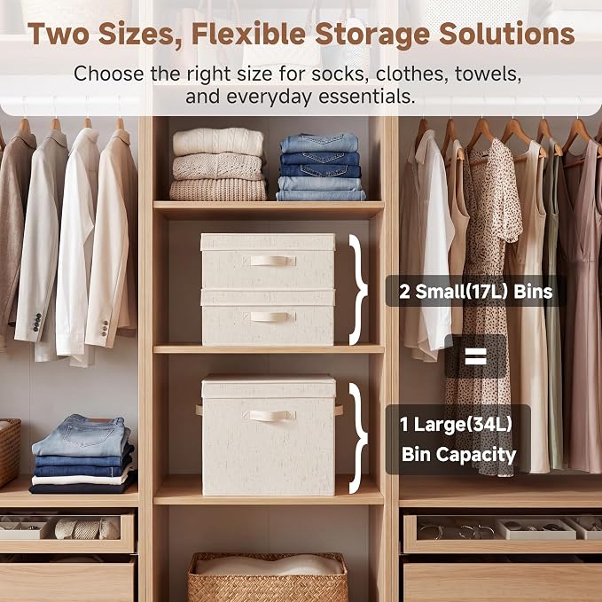 StorageWorks Storage Bins with Lid, Decorative Fabric Storage Bins with Handles, Stackable Closet Organizers for Shelves and Bedroom, Small, Beige(Natural Fabric), 2-Pack